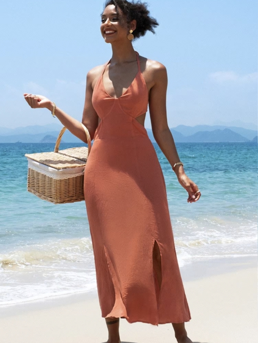 Cupshe Blaire Coral Halter Cutout Maxi Dress S